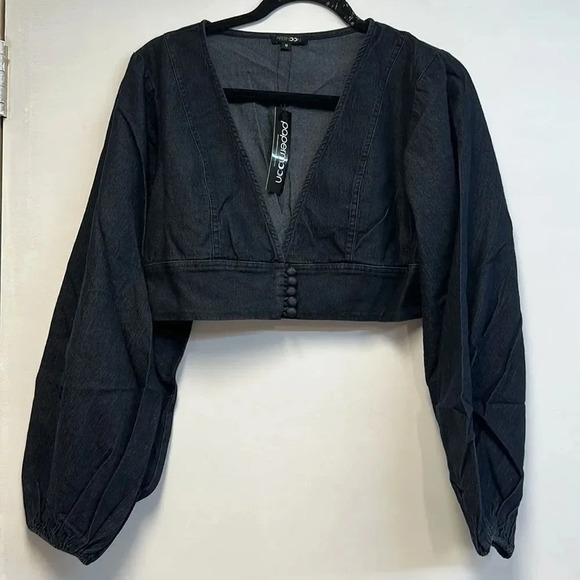 Women's Long Puff Sleeve V-Neck Denim Crop Top - Picture 3 of 6